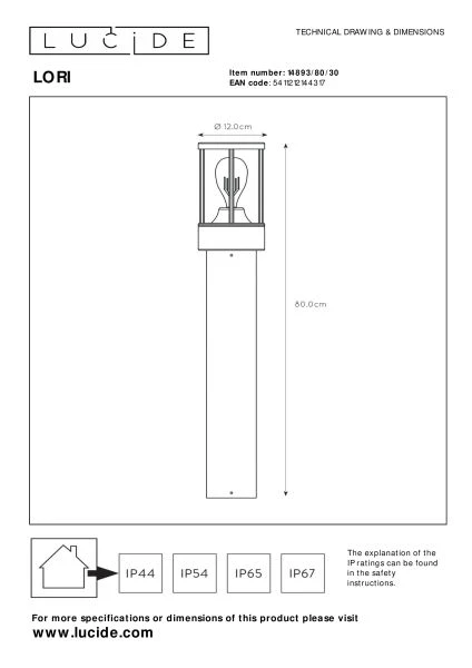 Lucide LORI - Bollard light - 1xE27 - IP44 - Day/Night Sensor - Anthracite - technical